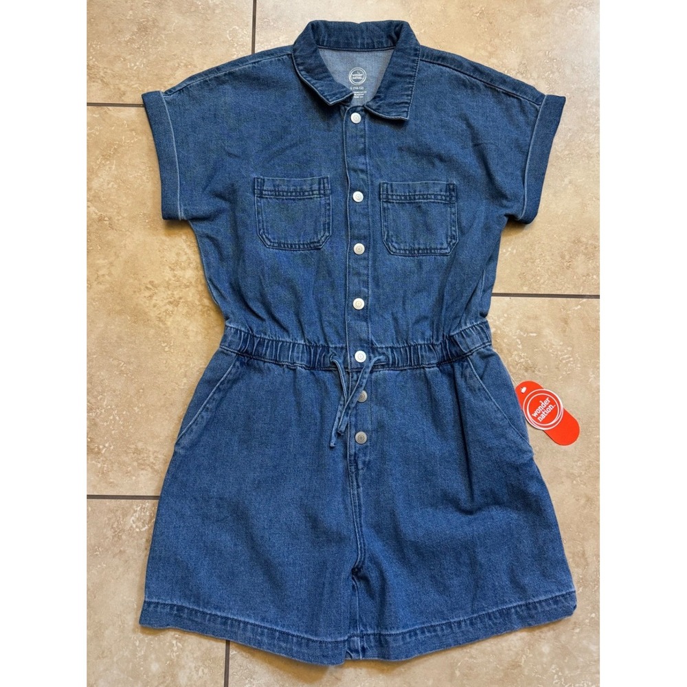 Wonder Nation Denim Romper Girls L 10-12 Blue Utility SnapFront Short Sleeve NEW